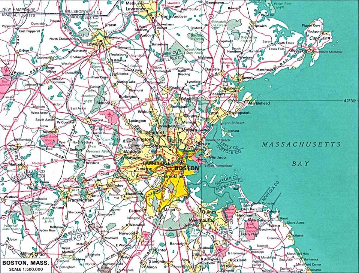 kort over større Boston-området