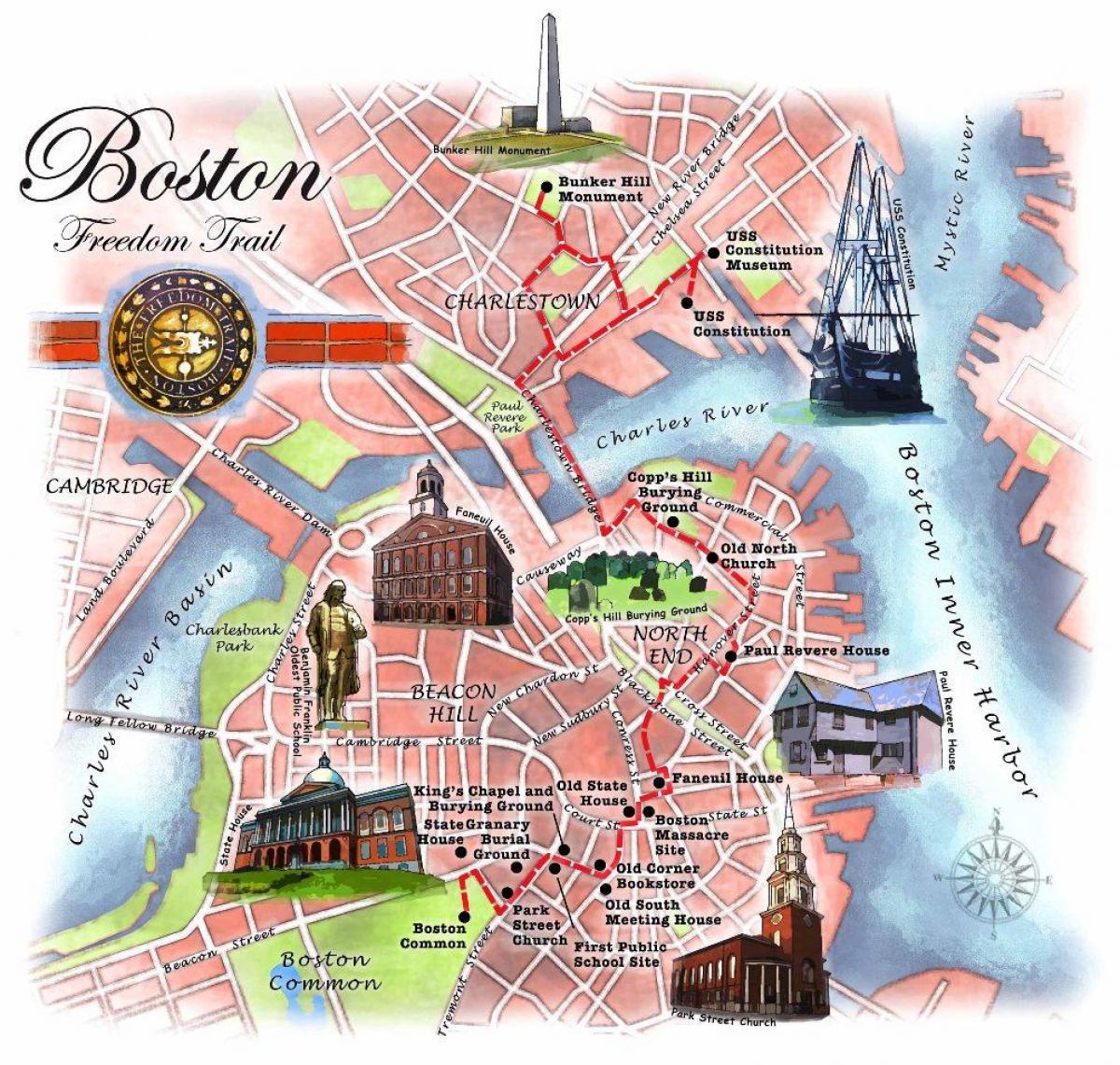 kort over Boston freedom trail